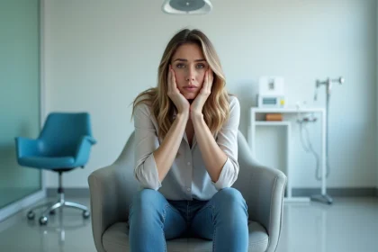 Femme inqui&egrave;te assise en salle d'attente dentaire
