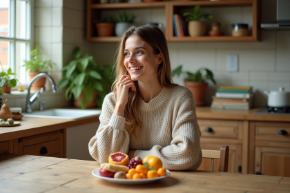 Jeune femme dans sa cuisine avec un repas sain