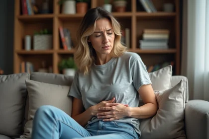 Femme en salon se touchant l'aisselle avec inqui&eacute;tude