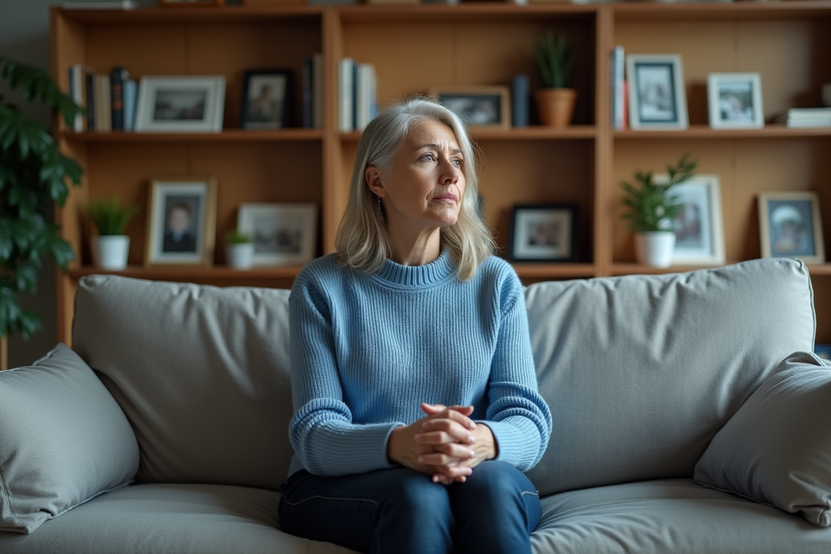 Femme d'âge moyen assise sur un canapé dans un salon modeste