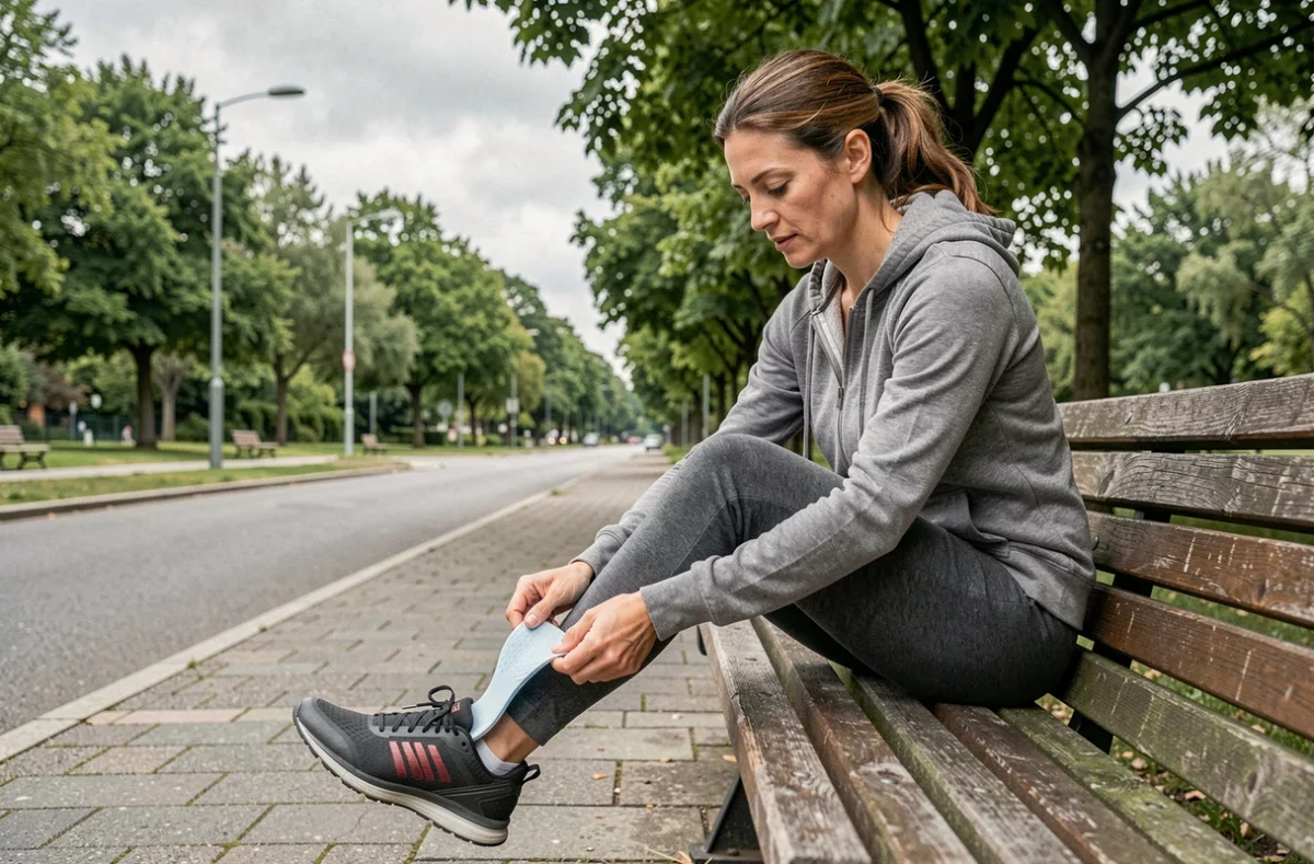 Femme insérant une semelle Akusoli dans sa chaussure de running dans un parc urbain dans le cadre d'un programme de perte de poids