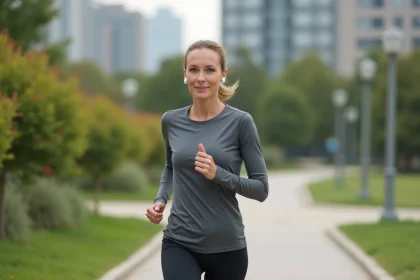 Femme en leggings courant dans un parc urbain