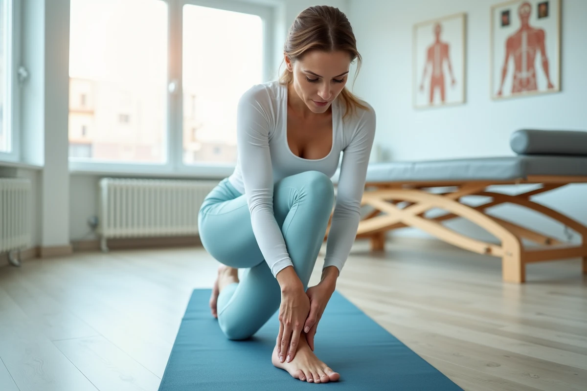 Femme sportive examinant sa douleur au genou côté interne sur un tapis de yoga en salle de kinésithérapie