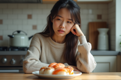 Jeune femme regardant un plat de sushi à la maison