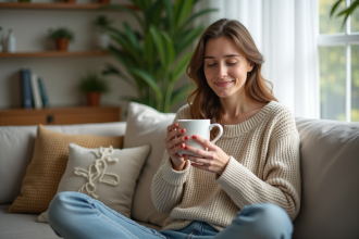Femme détendue avec tasse de tisane dans un salon cosy