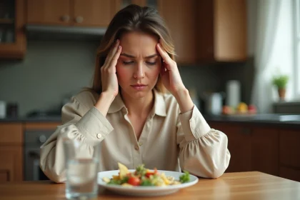 Femme fatiguée avec tête lourde et vertiges après le repas, assise à une table de cuisine
