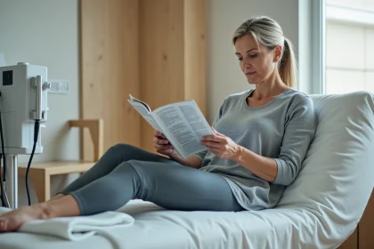 Femme en relaxation avec sleeves de pressotherapie dans un centre bien etre