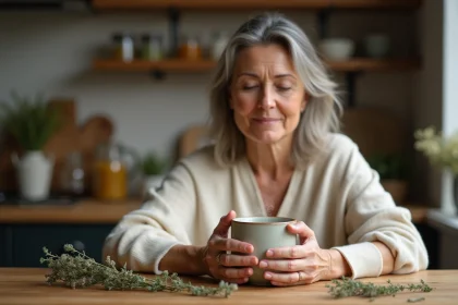 Femme tenant une tasse de tisane au thym entre ses mains dans une cuisine rustique, soulagement des allergies saisonnières