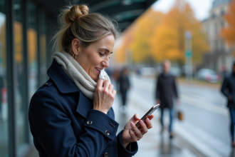 Femme en trench et écharpe lisant infos santé sur smartphone