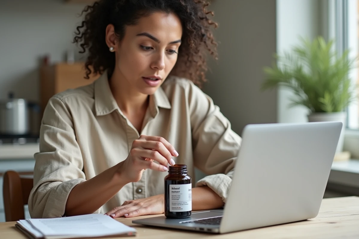 Femme dans la quarantaine lisant attentivement l'étiquette d'un pot de shilajit à sa table de cuisine avec un ordinateur portable et des notes manuscrites