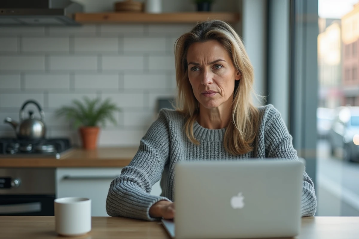 Femme concentrée vérifiant des informations de santé sur un ordinateur portable dans une cuisine moderne, symbolisant la lutte contre les rumeurs médicales en ligne