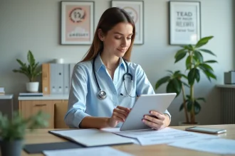 Femme vétérinaire regardant un rapport salarial sur une tablette
