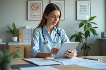 Femme v&eacute;t&eacute;rinaire regardant un rapport salarial sur une tablette