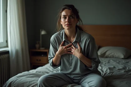 Femme assise sur un lit pressant les mains contre sa poitrine, exprimant une sensation de vibration interne inexpliquée