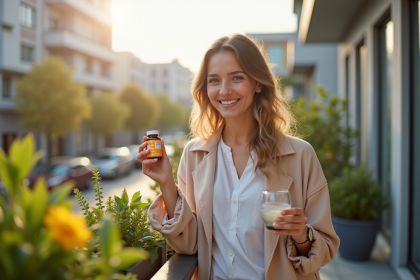 Femme souriante tenant vitamine D et eau sur balcon ensoleille