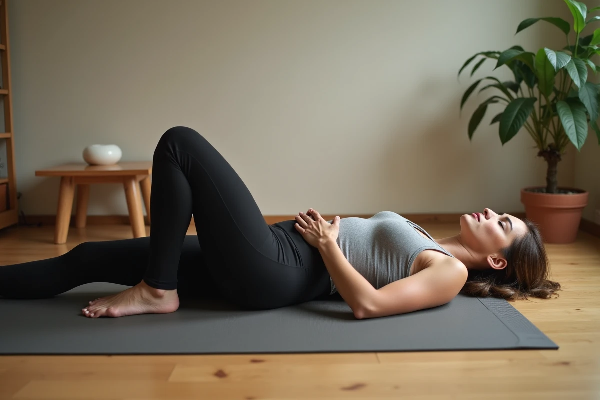 Femme allongée sur un tapis de yoga, main posée sur l'abdomen, en état de conscience corporelle face à des vibrations internes inexpliquées