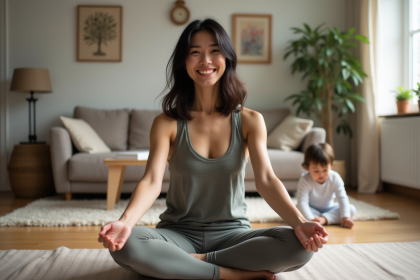 Femme faisant du yoga dans un salon cosy avec un enfant en arrière-plan