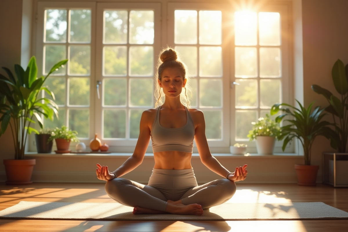 Jeune femme pratiquant yoga dans un salon lumineux