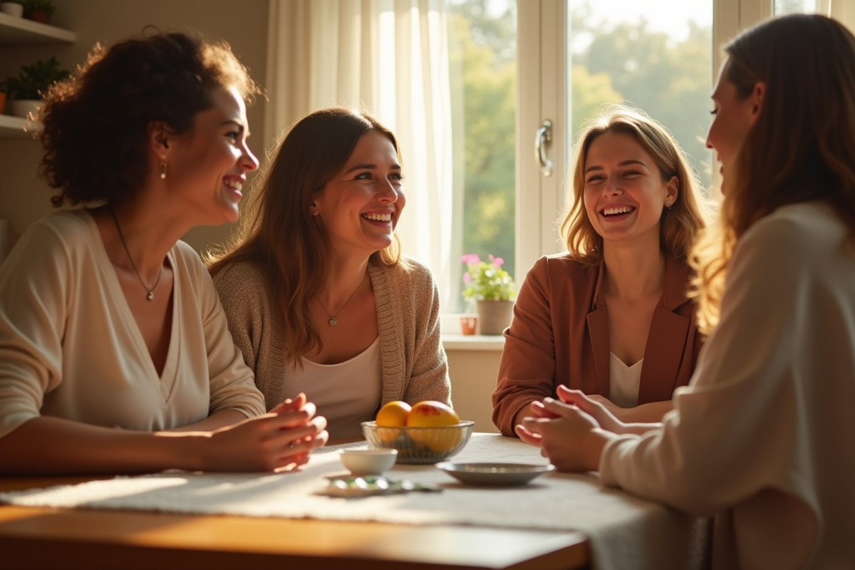 Groupe de femmes souriantes discutant à une table ensoleillée
