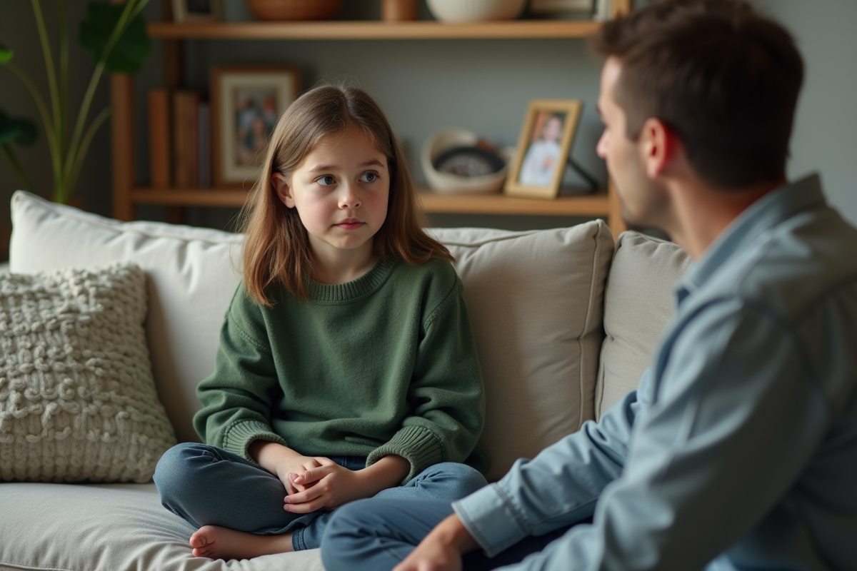 Fille de 10 ans parlant avec un adulte à la maison