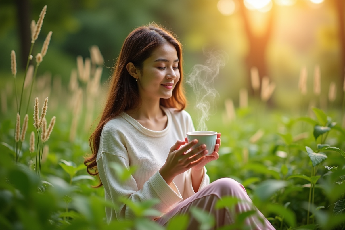 Jeune femme dans un jardin avec une tasse de tisane aux plantes