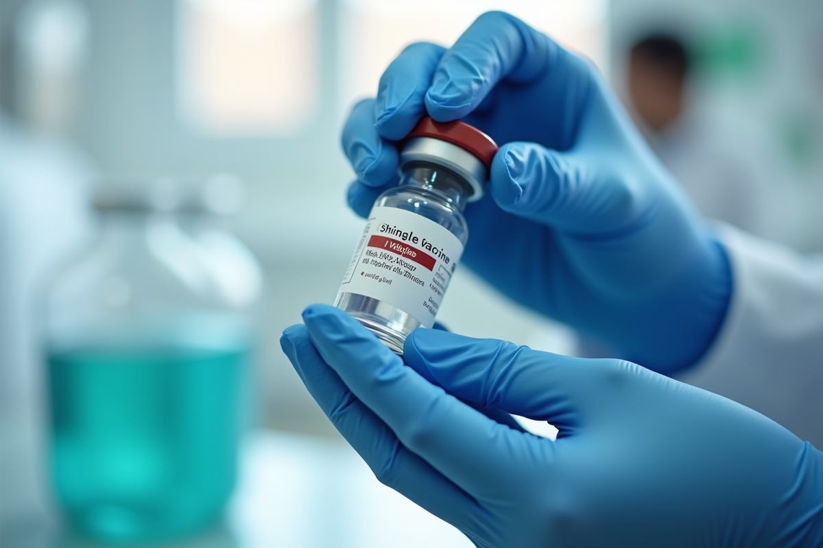 Gants tenant un flacon de vaccin contre le zona en clinique