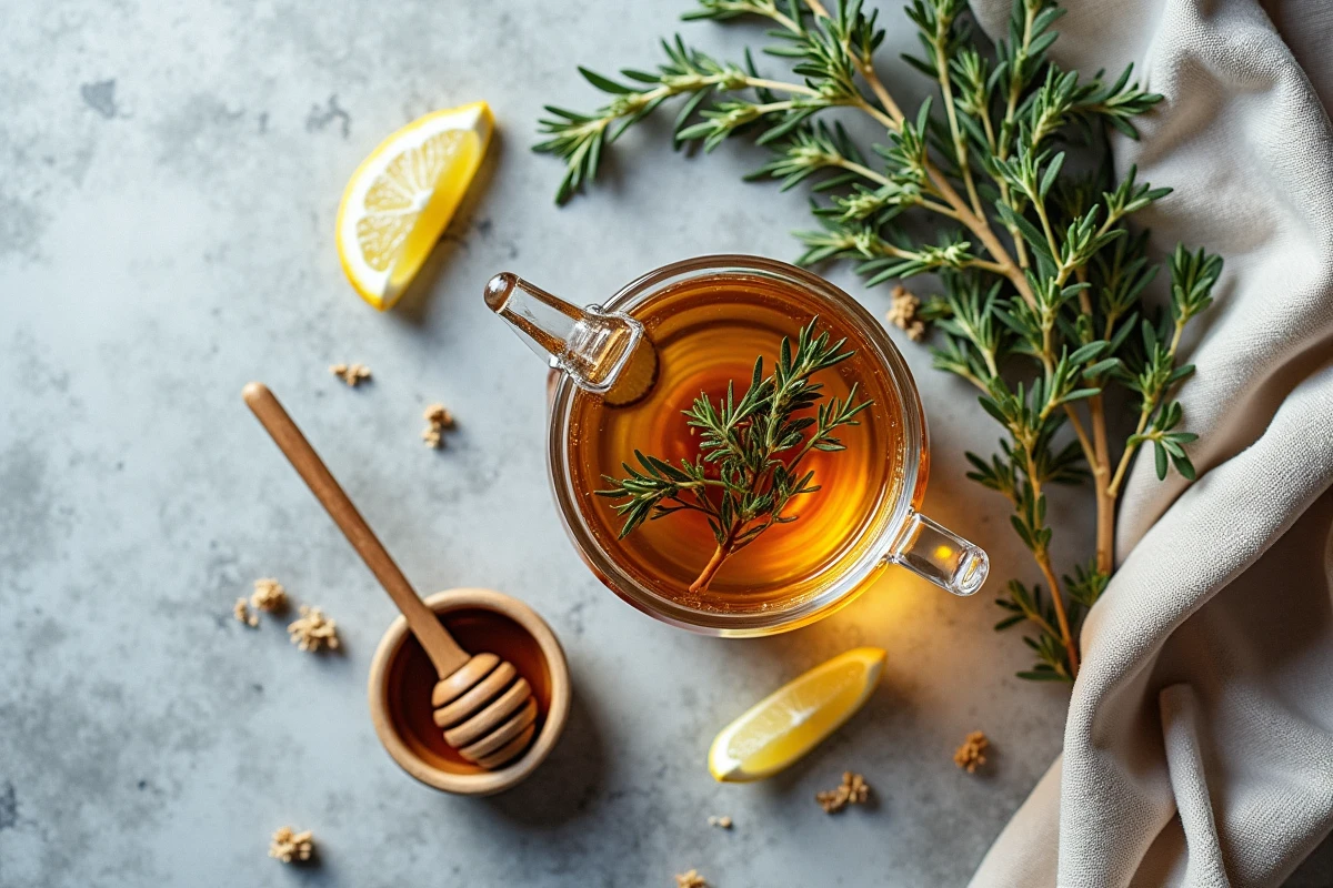 Flat lay d'une théière en verre avec infusion de thym, miel et citron sur un comptoir en pierre pour soulager les allergies
