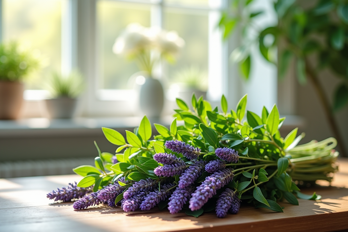 Bouquet d'herbes aromatiques fraîches sur une table en bois