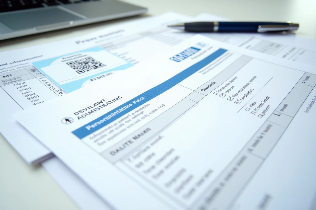 Vue aérienne d'un formulaire MDPH partiellement rempli entouré de documents médicaux et d'une checklist administrative pour dossier invalidité 2ème catégorie