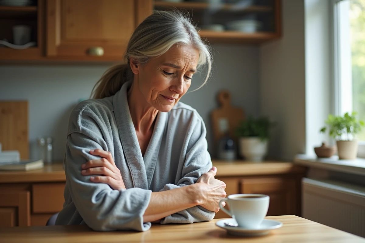 Femme assise à la table de cuisine le matin tenant son bras gauche avec une expression inquiète, évoquant des fourmillements dans le bras au réveil