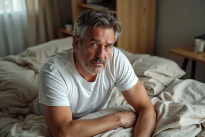 Homme d'une cinquantaine d'années assis dans son lit au réveil, se frottant le bras gauche avec une expression préoccupée, illustrant les fourmillements matinaux dans le bras