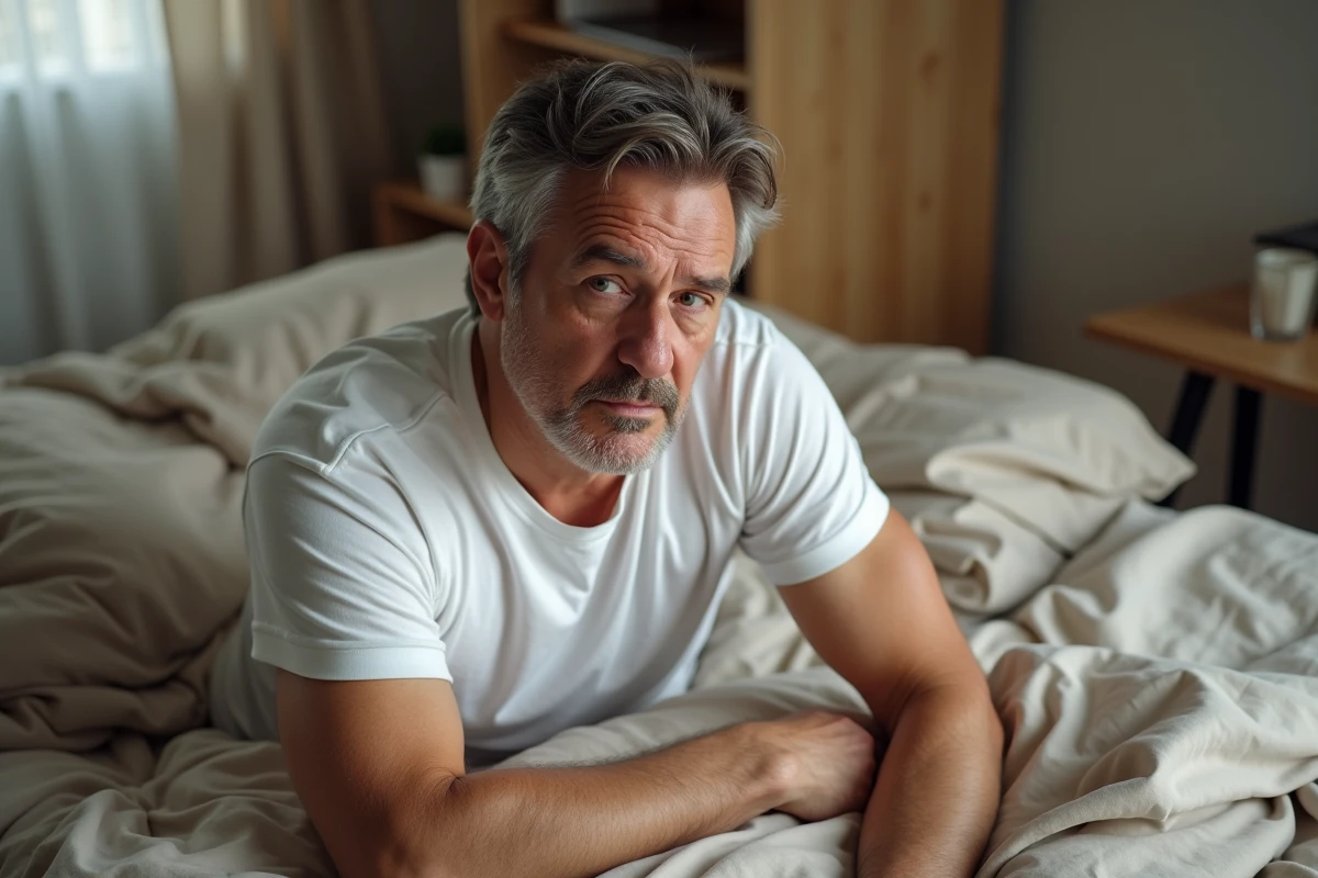 Homme d'une cinquantaine d'années assis dans son lit au réveil, se frottant le bras gauche avec une expression préoccupée, illustrant les fourmillements matinaux dans le bras