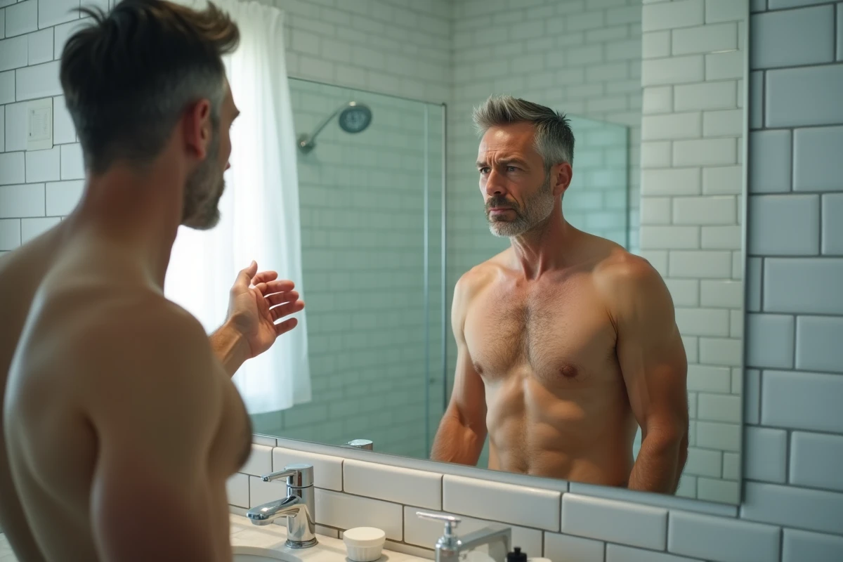 Homme d'âge moyen dans la salle de bain tenant son bras gauche face au miroir avec une expression préoccupée, illustrant l'auto-examen après des fourmillements matinaux