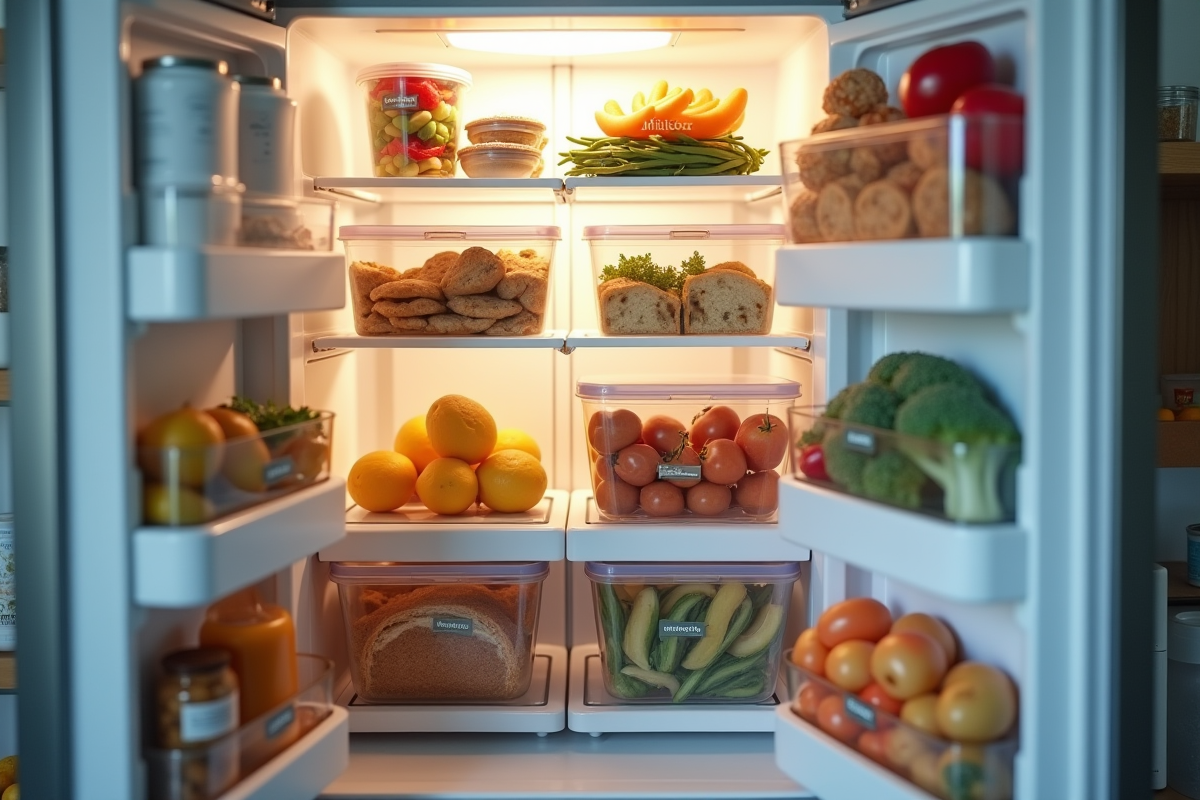 Frigo rempli de repas sains et étiquetés à la maison