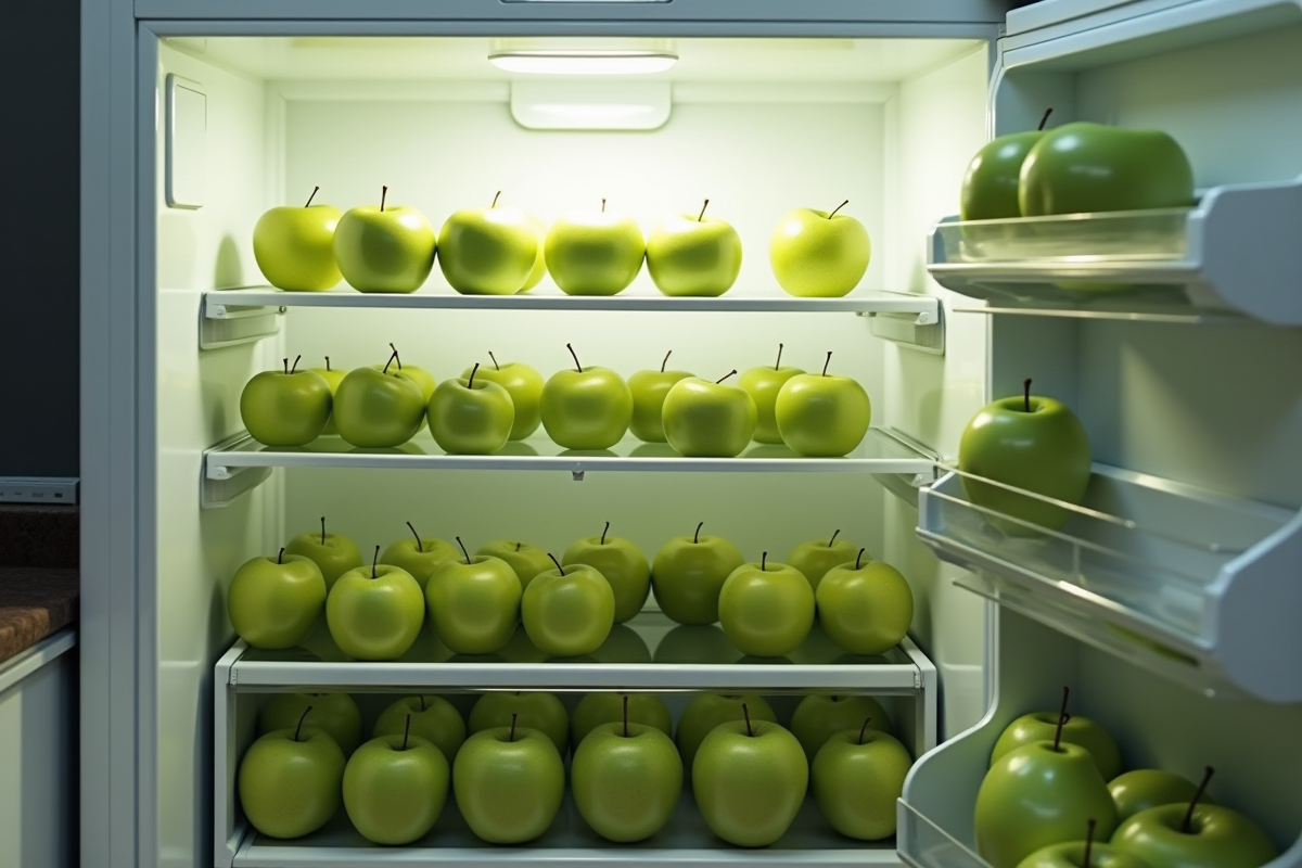 Frigo rempli de pommes vertes dans une cuisine minimaliste lumineuse
