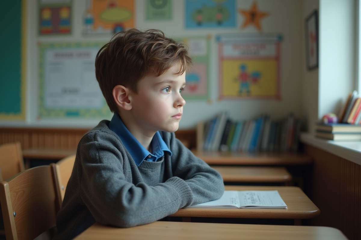 Garçon de 8 ans pensif à l'école dans une classe