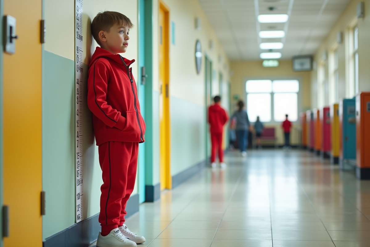 Jeune garçon de 10 ans mesurant sa taille contre un mur