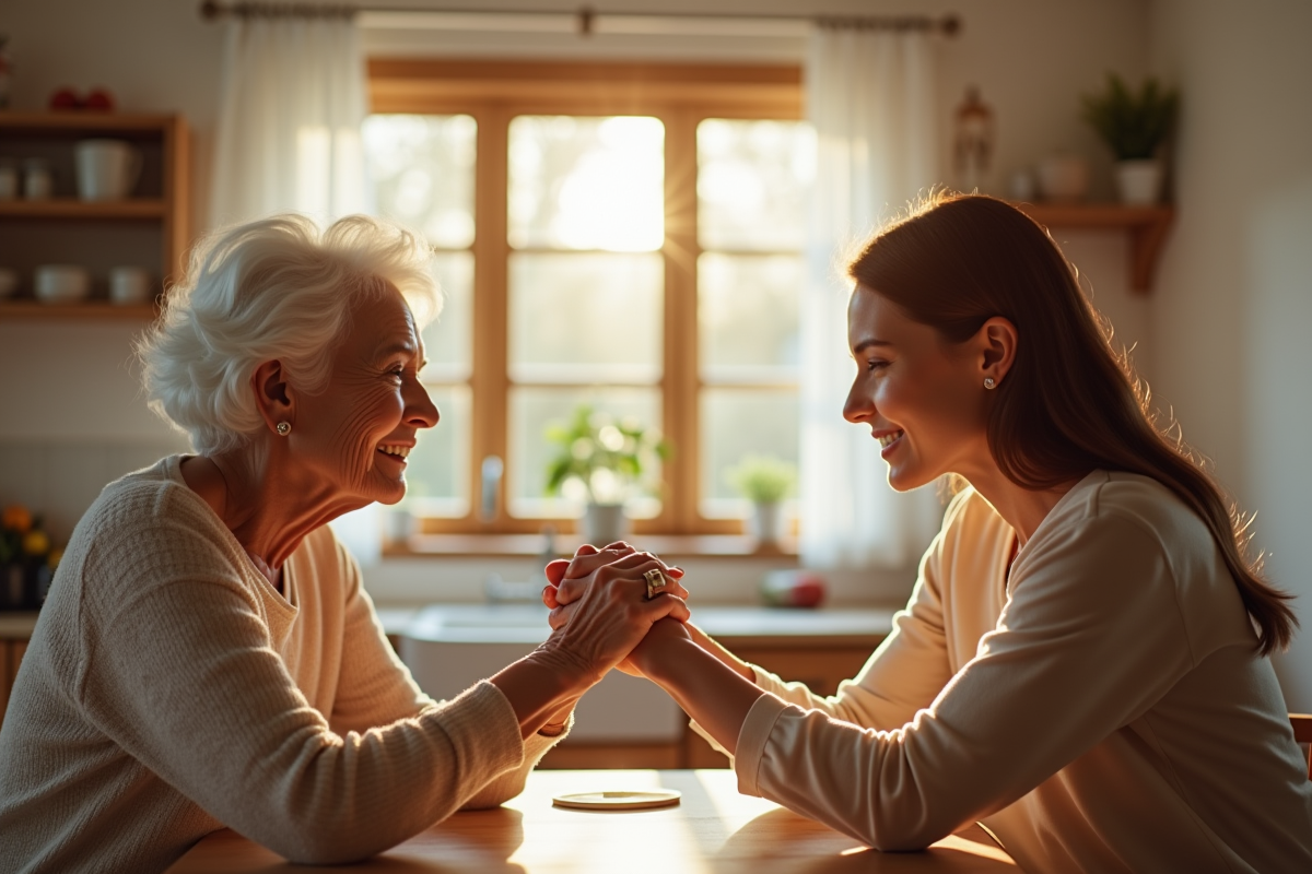 Femme âgée tenant la main de sa fille dans la cuisine
