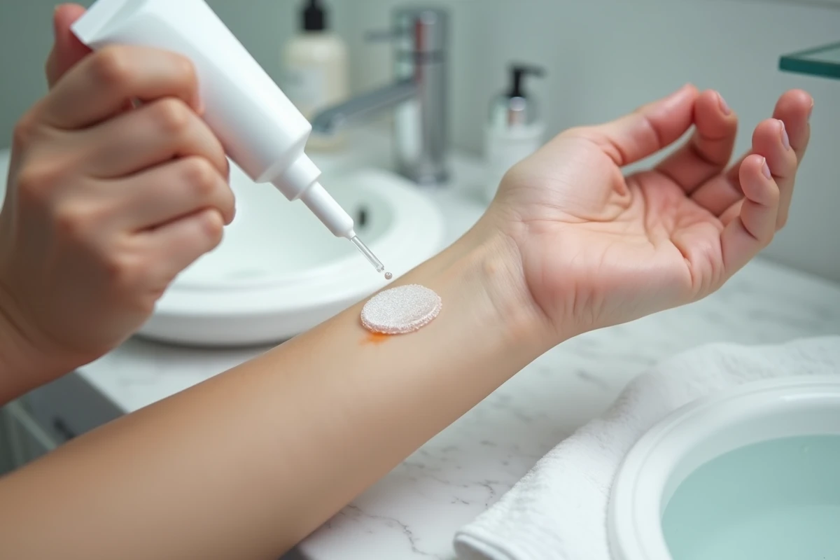 Gros plan de l'application d'un gel à l'acide hyaluronique Ialuset sur une brûlure superficielle de l'avant-bras