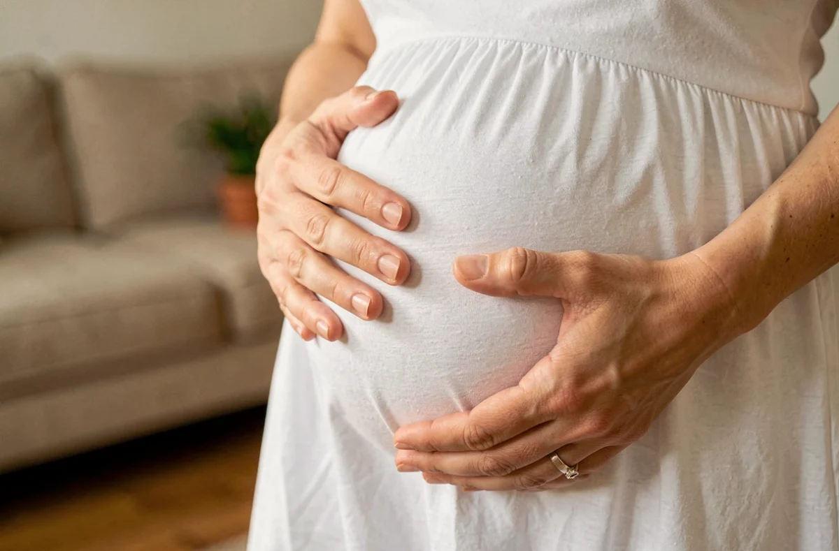 Gros plan sur les mains d'une femme enceinte à terme tenant son ventre, portant une robe maternité blanche dans un cadre domestique