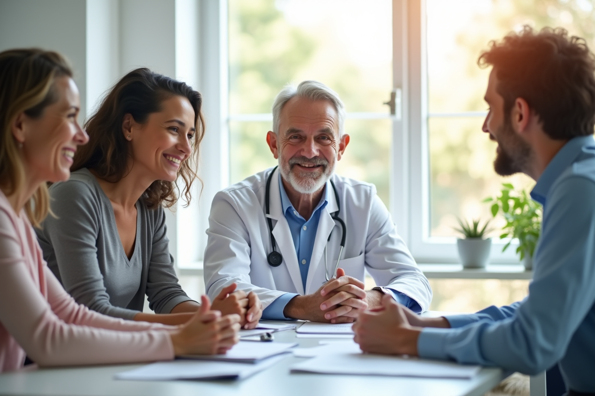 Groupe de personnes avec médecin dans une consultation ensoleillée