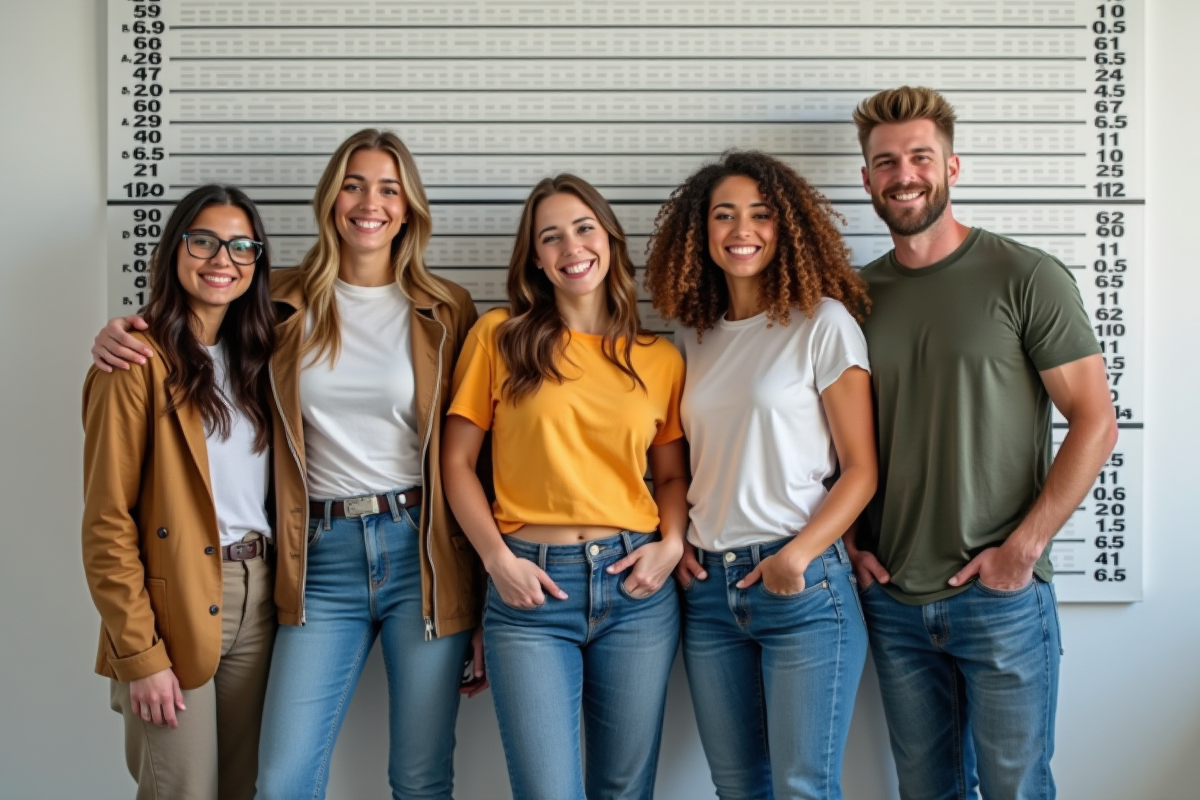 Groupe divers de personnes souriantes avec un ruban de mesure en arrière-plan