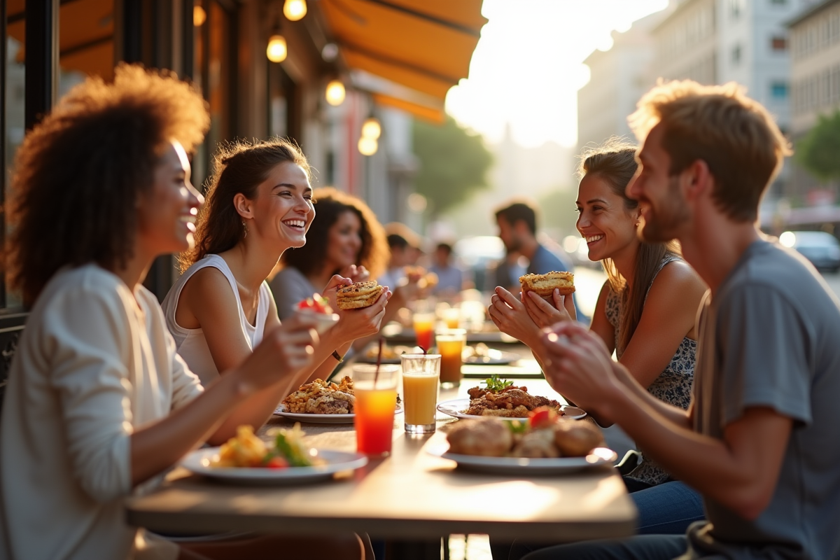 Groupe divers savourant des repas en plein air