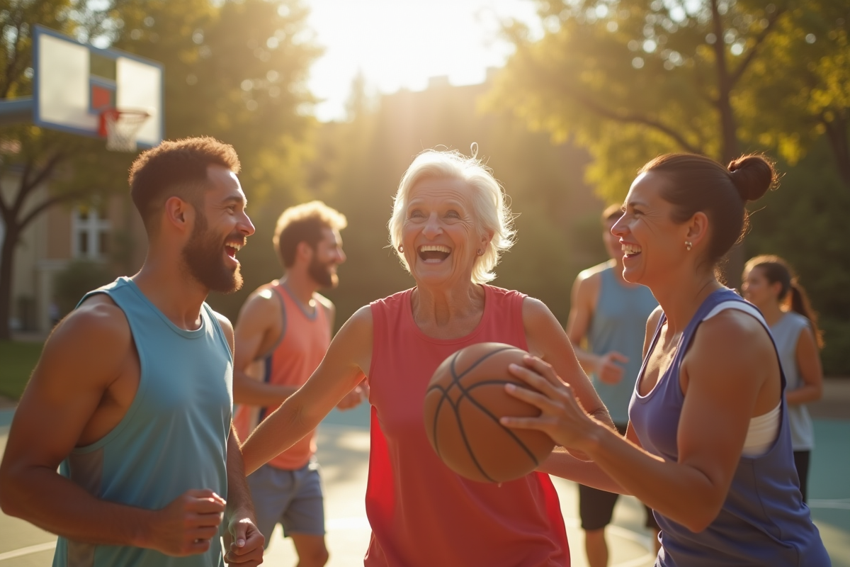 Groupe de personnes jouant au basket en plein air ensoleille