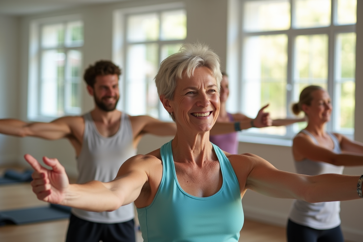 Groupe de personnes de tous âges pratiquant le Pilates en studio lumineux