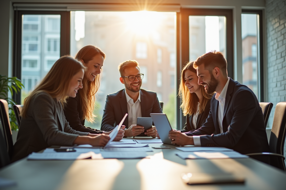 Groupe de professionnels collaborant dans un bureau lumineux