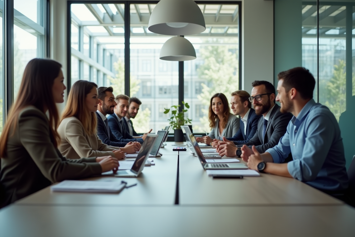 Groupe de professionnels dans un bureau lumineux pour l article