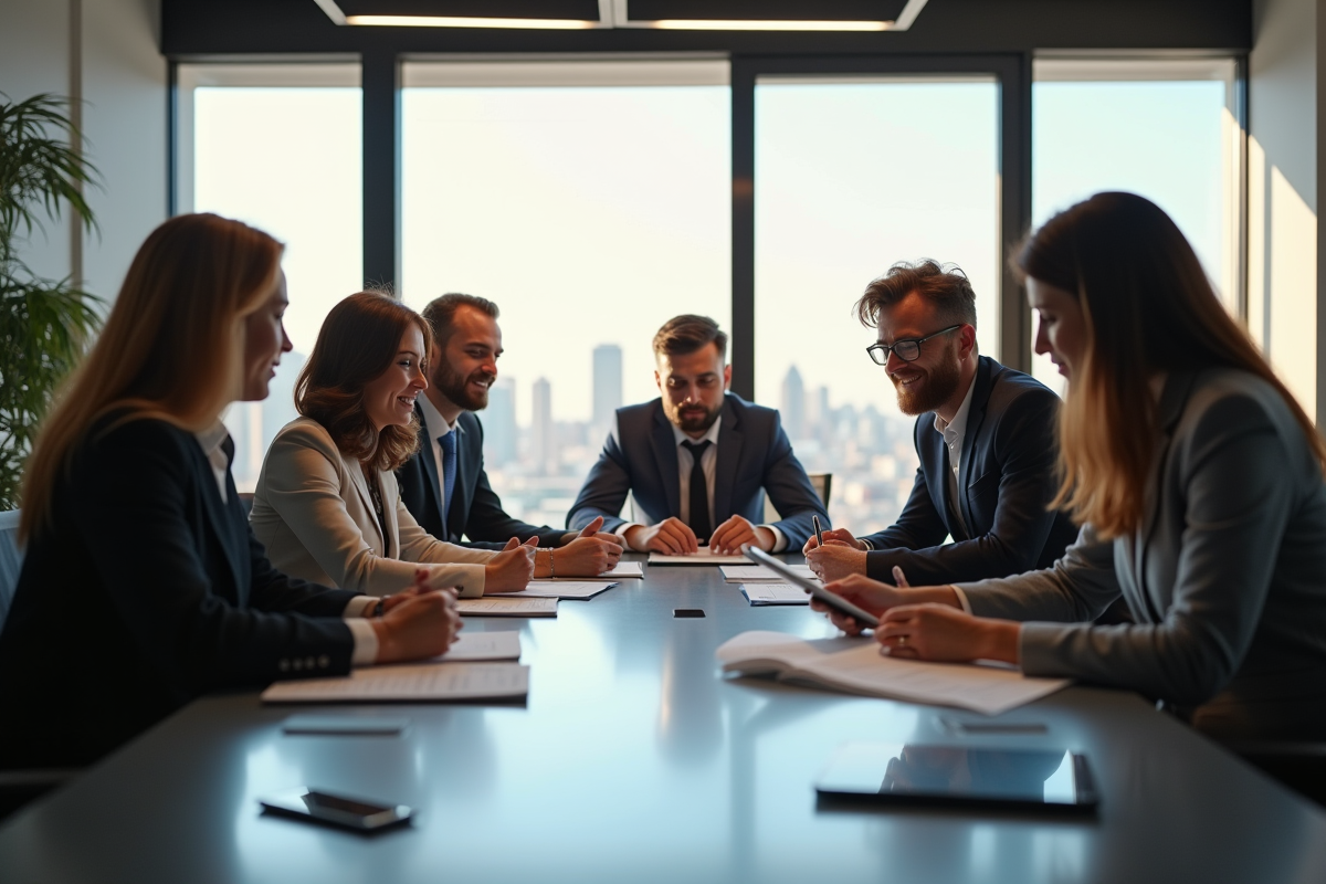 Groupe de professionnels collaborant dans un bureau lumineux