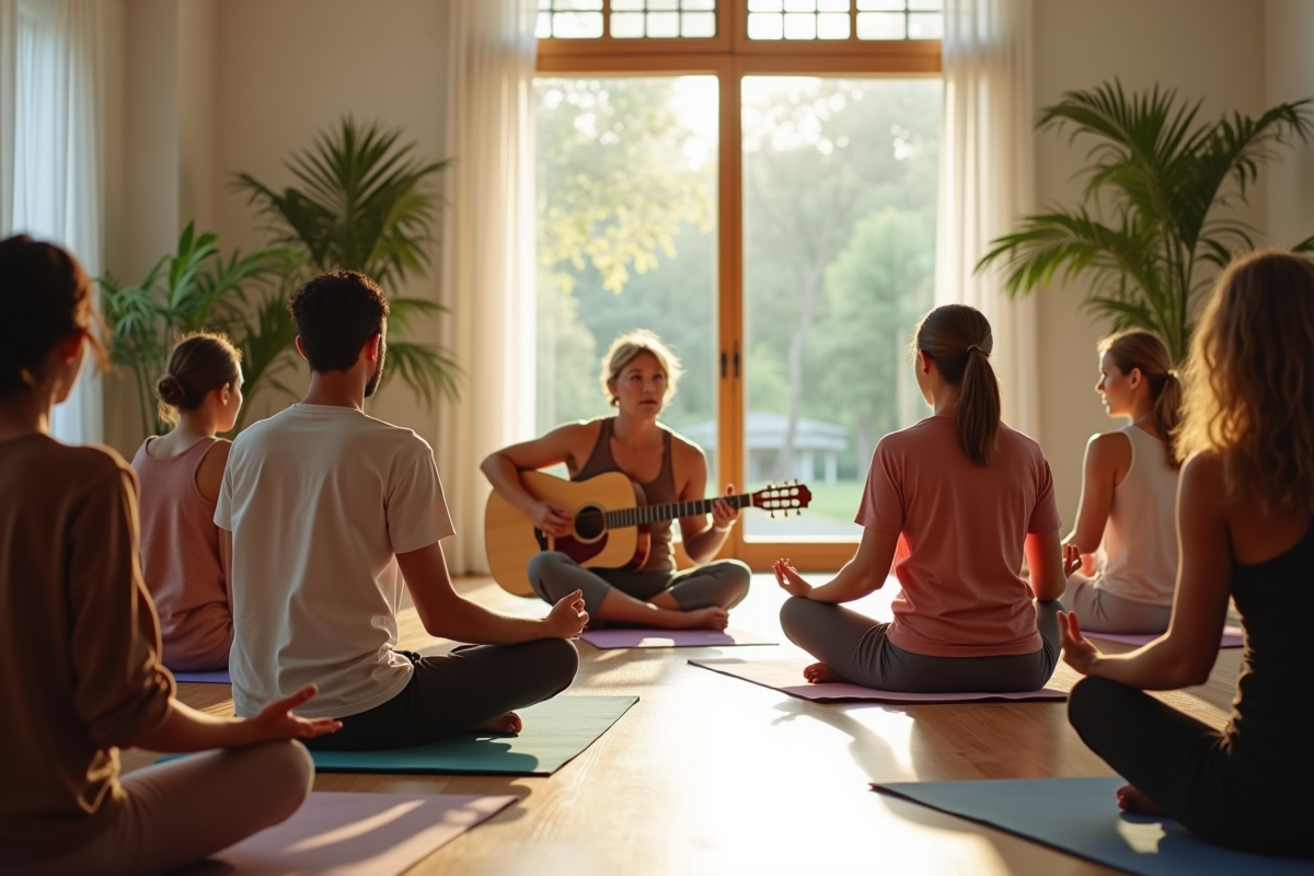 Groupe de personnes écoutant musique en studio lumineux