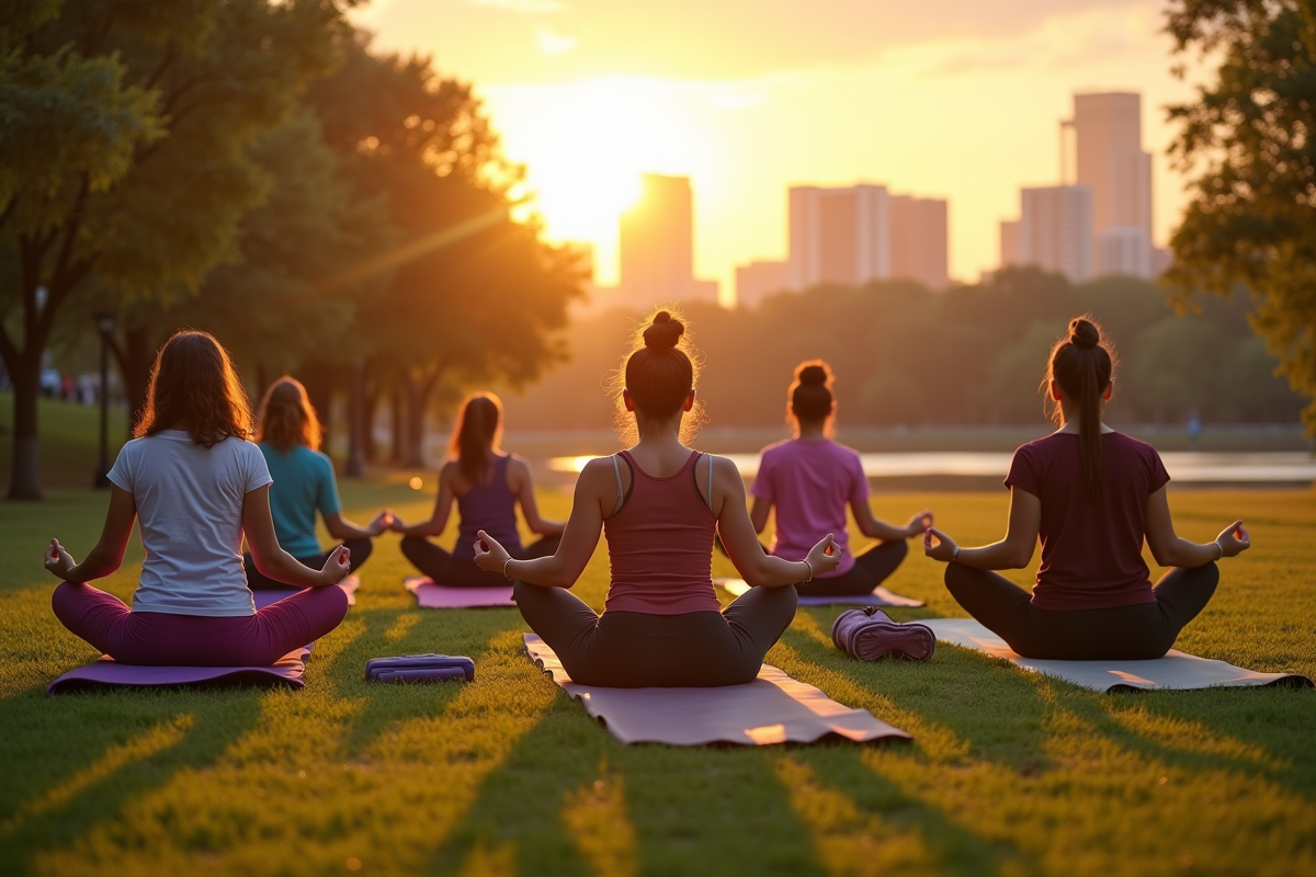 Groupe divers pratiquant yoga dans un parc urbain au coucher du soleil